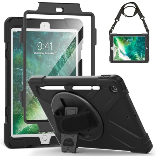 Gerutek Hülle für iPad 6. /5. Generation 9,7 mit Displayschutz, Schwarz | Stoßfeste Hülle mit 360° Drehbar Stände/Handschlaufe, Schultergurt Stifthalter, Rundumschutz Case für Arbeit/Outdoor/Drinnen