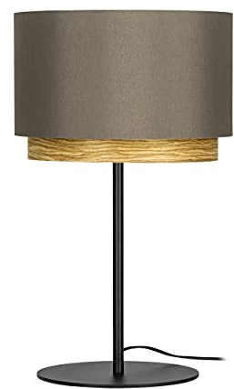 EGLO Tischlampe Marchena, Deko Tischleuchte, Nachttischlampe aus Metall in schwarz, Holz in Eiche-Optik und Textil in Cappuchino, Lampe Wohnzimmer mit E27 Fassung