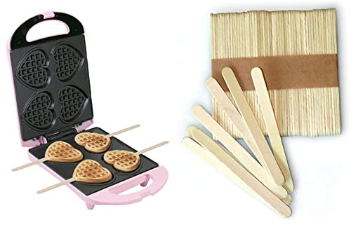 Bestron Waffeleisen für Herzwaffeln am Stiel, Waffelmaker mit Antihaftbeschichtung für Herzform-Waffeln, Retro Design, 780 Watt, Farbe: Rosa & Silikomart 193080 Eisstiele, 100 Stück