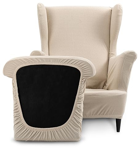 TIANSHU Ohrensessel überzug, Ohrensessel Sesselbezug Enthält 1 Stuhlbezug und 1 Stuhlkissenbezug Stretch rutschfest Sesselschoner Abnehmbarer Sesselhusse Waschbarer (Tippe B, Beige)