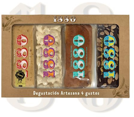 1880 – Auswahl von handwerklich hergestelltem Turrón in 4 Geschmacksrichtungen: Turrón de Jijona, Turrón de Alicante, Turrón de Yema, Schokoladen-Turrón, 4 x 75g, Packung mit 300 g.