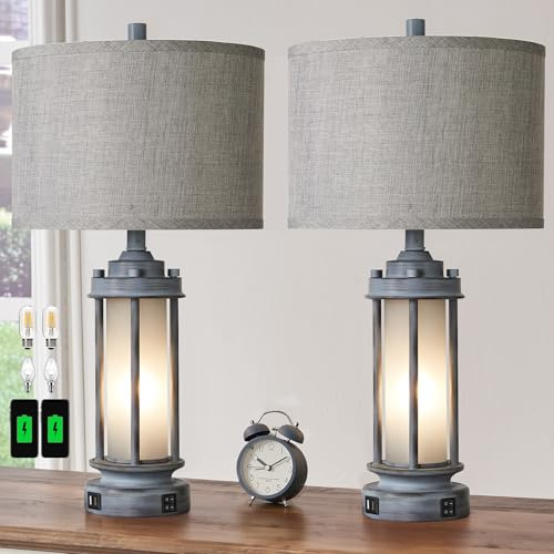 AIEAMPDO Set of 2 Rustic Table Lamps for Living Room, Farmhouse Vintage Nightstand Lamp with 2 USB Ports, Antique Retro Light Green Glass Night Light for Bedroom Entryway, 4 Bulbs Included…