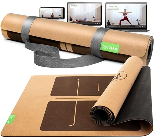BACKLAXX® Yogamatte Kork mit Naturkautschuk, rutschfeste Korkmatte | Yoga Matte Kork FAZ Sieger 08/2026: Oberseite Kork, Unterseite Naturkautschuk, Anti-Rutsch-Zonen mit Tragegurt & Videobereich