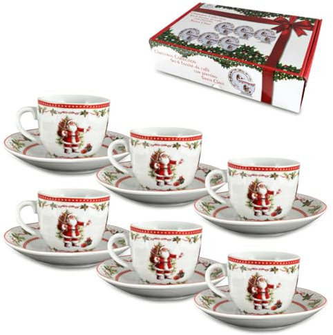 ARCA, Set di 6 Tazze da Caffè con Piattino in Porcellana, per 6 Persone, con Decorazione Natalizia Santa Claus, Resistenti e Durature, Ideali per la Tavola, Idea Regalo di Natale, 4,5x5,5 cm