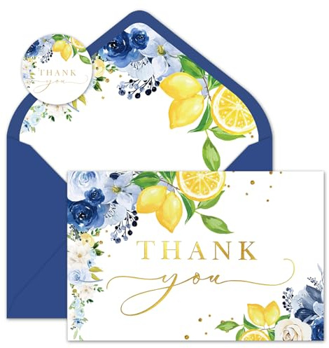 Whaline Blue Lemon Floral Thank You Cards Bulk Watercolor Flower Lemon Thank You Note Card with Stickers Envelopes Foil Gold Blank Cards for Spring Summer Wedding Baby Shower, 24 Pack