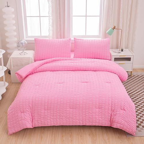 Yadangxiawa Set copripiumino rosa per letto king size, set di biancheria da letto in tessuto seersucker, 3 pezzi, in microfibra, leggero, per tutte le stagioni, con 2 federe