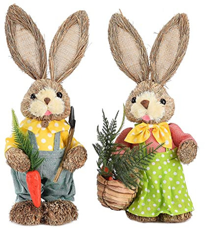 BEIJIALY Juego de 2 Decoraciones de Pascua, Conejito de Pascua, Pareja de Conejitos de Pascua, Figuras de Conejito de Paja de Pascua, Adorno de Mesa, Decoración de Conejo de Paja, Estatua de(Verde)