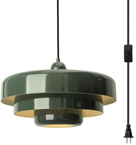 DoungRos Plug-in Green Pendant Light Fixtures, 16FT Hanging Lights with Plug in Cord 3-Layer Shade Mid Century Modern Hanging Lamp Pendant Lighting for Bedroom Dining Room Living Room