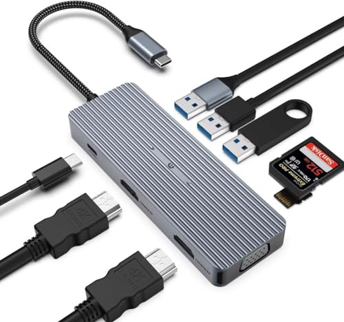 Tymyp USB-C Hub Docking Station Triple Display 4K HDMI for Chromebook, 9 in 1 USB C Hub (2 HDMI, VGA, USB 3.0, USB 2.0 * 2, PD100W, SD/TF) Compatible con Thunderbolt 3/Windows