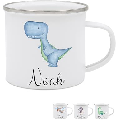 wunderwunsch - Personalisierte Emaille-Tasse für Mädchen - Schulanfang Geschenk, Kindergarten (T-Rex Blau)