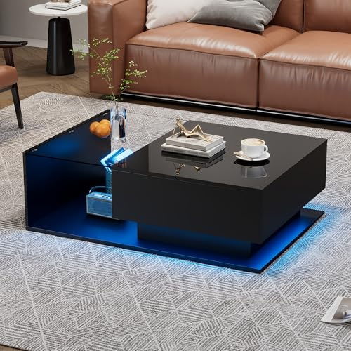 Merax Couchtisch Schwarz Hochglanz mit LED, Moderner Wohnzimmertisch mit Stauraum Schubladen, Glasplatte, Beistelltisch, rechteckiger Mitteltisch, Sofatisch, Kaffeetisch, Wohnzimmermöbel, 100x50x32cm