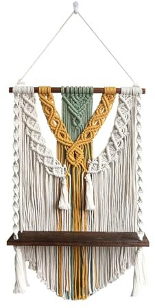 Gualiy Wandregal Holz Boho, Handgefertigt Gewebt Quasten Makramee Wanddeko Schweberegal für Balkon Badezimmer Schlafzimmer Wohnzimmer 45x80cm