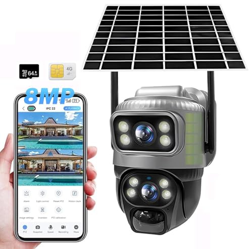 4G LTE Caméra Surveillance Solaire Extérieure sans Fil,4K Caméra de Chasse avec SIM & Carte Mémoire 64go, 355° PTZ, Détection de Mouvement PIR, Vision Nocturne Couleur, Audio Bidirectionnel, IP66