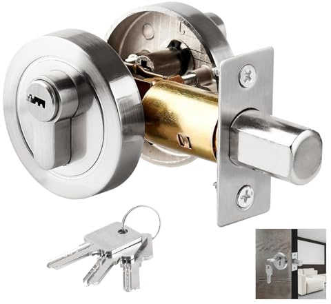 Zinc Alloy Single Cylinder Deadbolt with Keys for Front Door, Entrance, Bathroom, Bedroom - Round Lock 35-50mm (Silver)
