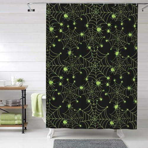 Rideau de douche en tissu pour salle de bain – Rideau de douche opaque, toile d'araignée verte d'Halloween, dortoir, étal avec crochets (152 x 183 cm)