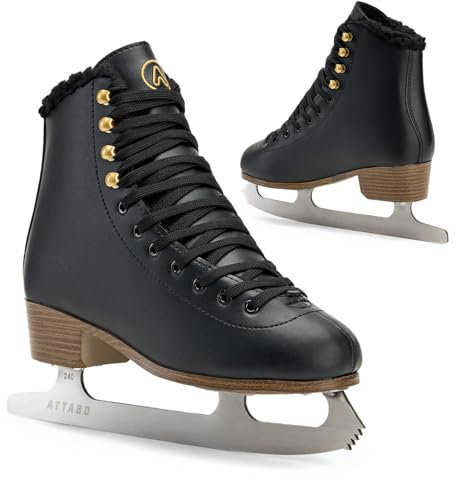 ATTABO Eiskunstlauf Schlittschuhe Damen ISLA Schwarz Größe 39EU Edelstahlkufe Ideal für Anfänger oder Fortgeschrittene PVC Obermaterial Starker Knöchelschutz und Stabilität beim Fahren auf dem EIS