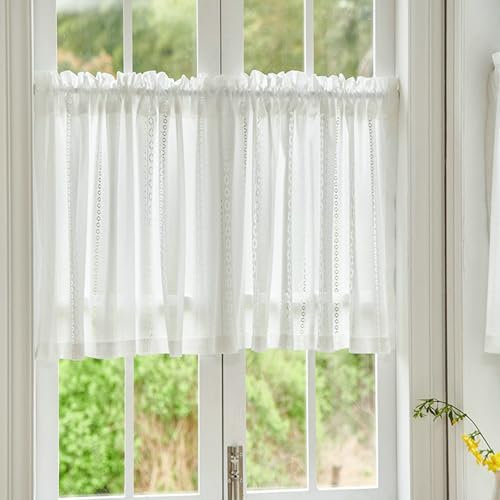 Skcess Tenda corta da cucina con motivo geometrico, in policotone, 100 x 80 cm, colore bianco