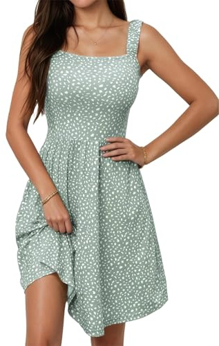 Oyamiki Fashion Sun Dresses for Women UK Cute High Waist Sleeveless Square Neck Casual A Line Summer Beach Vacation Dress Green L