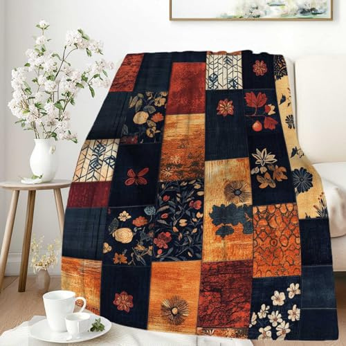 VronTaliy Boho Printed Patchwork Throw Blanket, Navy Blue and Rust Orange with Floral Geometric Patterns, Soft Blanket for Couch, Bed, Cozy Quilt-Inspired Blanket for Adults and Teens, 60x50