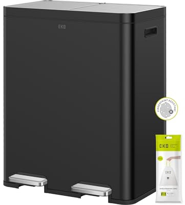 EKO Edison Dual Kitchen Bin for Recycling and Trash, 2x30 Litre Rubbish Bin with Dual Removable Inner Liners, Independent Lids and Pedals, Matt Black Stainless Steel
