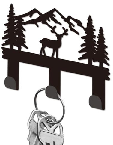 DELORIGIN Mountain Forest Deer Key Holder for Wall, Black Iron Key Hooks Wall Mounted Keys Rack with 3 Hooks, Small Key Hangers House Key Holder for Keys Bag Dog Leash Storage Wall Decorative Entryway