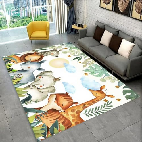 PEIHUODAN Cartoon Waldtieren Elefant Löwe Giraffe Teppich für Wohnzimmer, Kinderzimmer-Dekoration, Bodenmatte Spielen für Kinder, Teppich für Schlafzimmer, Flur, Spielzimmer, 140x200 cm