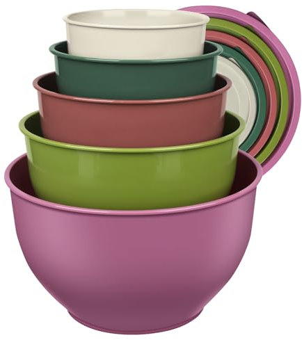 Greentainer Set di ciotole per insalata con coperchio, ciotole in plastica, impilabili, per cucina, grandi ciotole, ideali per mescolare e servire, senza BPA