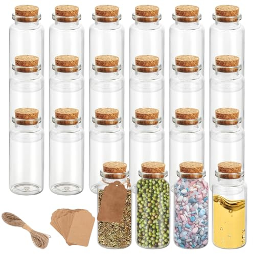 Yeria 22 x Fiole en Verre,Mini Bouteille en Verre, 40ml avec Bouchon en Liège, Étiquettes Kraft et Ficelle de Jute – Petits Flacons en Verre pour Décoration, DIY, Mariage, Souhaits et Cadeaux (10ML)