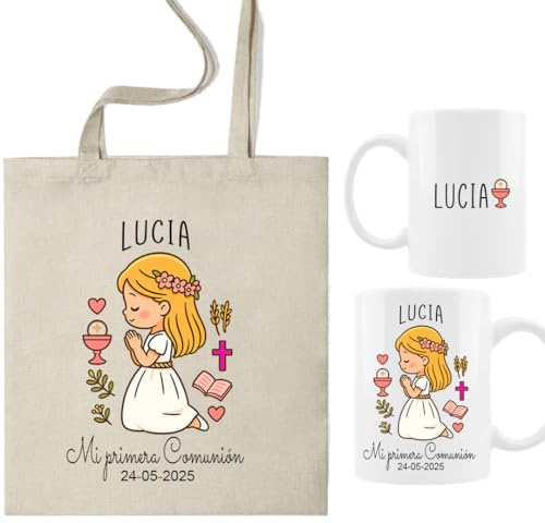 ELISA BOTELLA Pack Personalizado Primera Comunión, Taza y Bolsa con Nombre y Fecha, Diseño Ilustrado, Elección de Color de Pelo, Regalo para Invitados (RUBIA - Pack comunion niña personalizado REZO)
