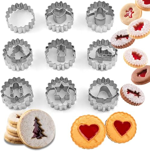 9 Piece Christmas Linzer Cookie Cutter, Mini Linzer Cookie Cutters, Stainless Steel Cookie Cutter Set Mini Fluted Round Biscuit Cutters for Party Baking DIY Fondant
