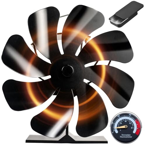 Tomersun Wood Stove Fan Heat Powered 8-Blade Stove Fan, Fireplace Fan for Wood Burning Stove/Pellet/Log Burner, w/Stove Accessories Thermometer & Aroma Pod