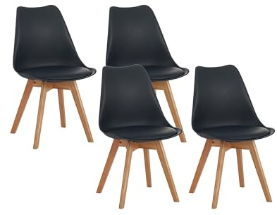 SAM 4er Set Esszimmerstuhl Lovelace, Schwarz, Stuhlbeine Eichenfarben | Sitzschale Kunststoff & Sitzpolster Kunstleder | Massivholz | 49 x 54 x 82 cm | Schalenstuhl skandinavischer Stil