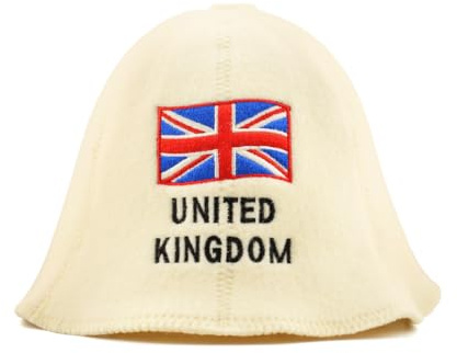 SAUNA GURU Sombrero de sauna natural «UK» blanco – 100 % lana orgánica fieltro sombrero de sauna para hombres y mujeres para la banya rusa – Protege la cabeza del calor – eBook guía incluida – bordado