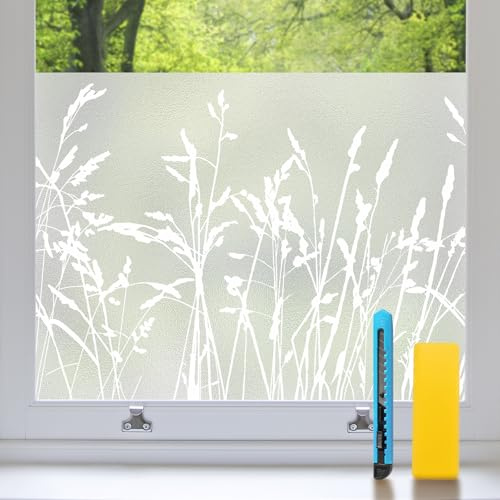 Zindoo Fensterfolie Blickdicht 59.5 x 200 cm Gräser Sichtschutzfolie Fenster Statische Ohne Klebstoff Milchglasfolie Anti-UV Geeignet für Badezimmer, Büro, Wohnzimmer, Balkon