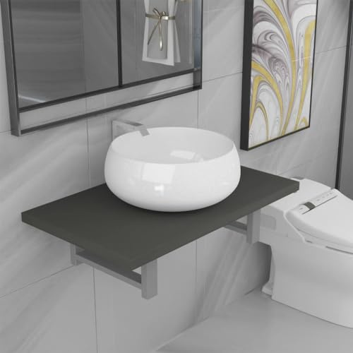 Bucmath 2-TLG. Badmöbel-Set Keramik Grau, Wandregal Holzwerkstoff, Rundes Aufsatzwaschbecken, 60x40x16,3 cm, Modernes Design für Badezimmer, Waschraum