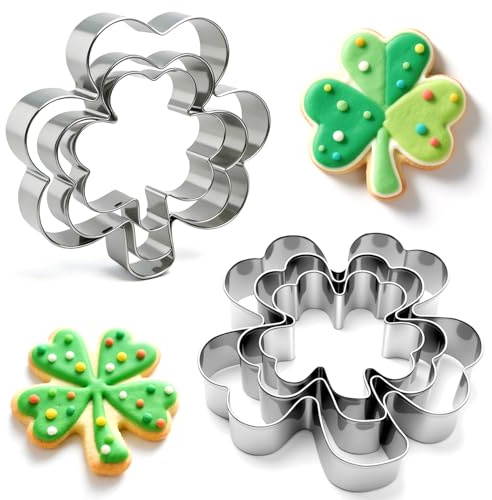 6Pcs St. Patrick's Day Metal Cookie Cutter Set - Shamrocks & Four Leaf Clovers Shapes Large 4’’ Small 3’’ Mini 2‘’, Stainless Steel Clover Biscuit Mold for Irish Spring Holiday Party Decor or Baking