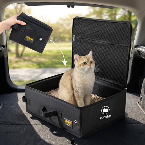 Conlun Portable Cat Litter Tray for Travel, Foldable & Leak-Proof | Zippered Lid, Mesh Pocket, 6-inch Deep Walls, Waterproof Oxford, Easy-Clean, Car/Camping/RV/Aeroplane