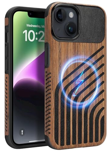 ZZDZZ Coque Magnétique pour iPhone 13 [Compatible avec MagSafe] Étui en Bois et Cuir Protection Antichoc Housse pour iPhone 13 - Bois Cuir