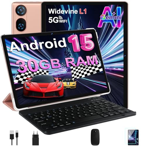 Tablet 10 Pollici Android 15 con 30 GB RAM + 2TB ROM Espansione, FHD Tablet con Tastiera e Mouse, 5G Wi-Fi, GPS, Widevine L1, Octa-Core, USB-C, BT 5.0, 6000 mAh, 8MP+5MP, Gemini AI, Oro