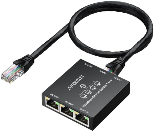 AUTOUTLET LAN Splitter 1 auf 4, Plug & Play, 1000Mbps Ethernet Splitter 4 Port mit 0,5M Ethernet Kabel, 1M Typ C-Kabel & LED-Indikator, Metall Gehäuse,Gigabit LAN Switch für Computer Hub Router TV usw