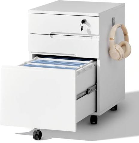 CLIPOP Rollcontainer abschließbar, 3 Schubladen, 5 Rollen，40 * 45 * 60cm | Für A4/Letter, Hängeregistratur, Schreibtisch-Unterschrank, für Büro & Homeoffice, Weiß,Holz stabil