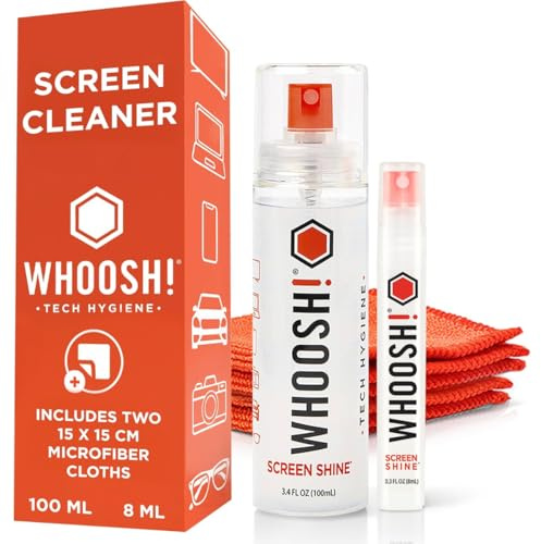WHOOSH! Limpiador de Pantalla Duo 100 ml, 8 ml Antivertido, 2 Paños de Microfibra, Kit Casa y Viaje, Sin Alcohol, Sin Marcas, Portátil, Móvil, Tablet, Gafas