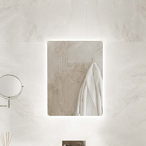 Pebble Grey Bathroom Mirror with LED Lights 390x500mm IP44 – Globe Heated Bathroom Mirror with Lights and Motion Sensor, Rotatable Wall Mounted Rectangular with Built-In Demister Pad for Modern Spaces