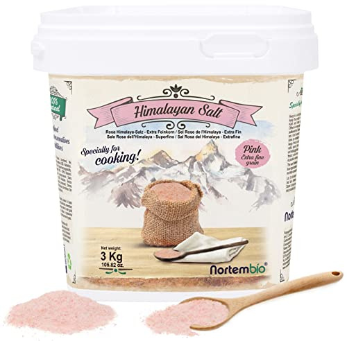 Nortembio Sal Rosa del Himalaya 3 kg Extra Fina (0,5–1 mm) Origen Pakistán Sal Mineral Natural sin Refinar para Uso Culinario. Gratis eBook con Recetas!