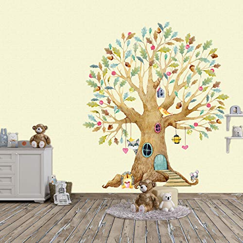 Sunnywall Wandtattoo Aufkleber Herbstbaum Baum mit Igel, Waschbär, Maus und Vogel mit Blättern