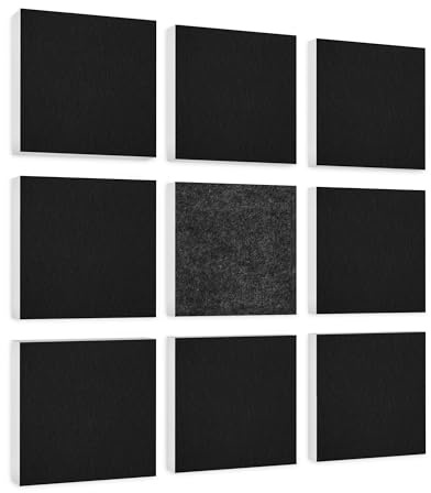 platino24 Akustikpaneele aus Basotect G+ mit Akustikfilz I 9 Stück I 27,5 x 27,5 cm I Wandpaneele in Schwarz & Anthrazit I Paneele aus Schaumstoff I Akustikplatten zur Schalldämmung in Büro & Wohnung