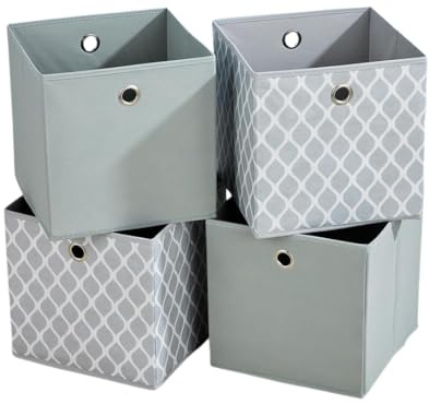 Home Source Cube Storage Boxes, Collapsible Fabric Storage Baskets, Foldable Canvas Organising Boxes, 4 Piece, 2 Grey, 2 Print