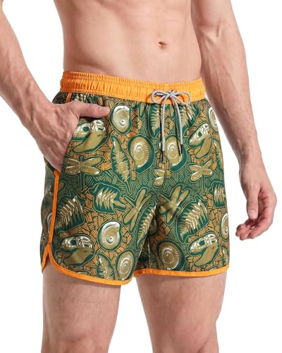maamgic Mens 5 Short 70s 80s 90s Vintage Swim Trunks Quick Dry Bathing Suits Swimming Shorts Swimsuits Board Shorts,Fossil-Green,L