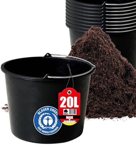 BigDean 10 Baueimer 20l Mörteleimer Eimer mit Henkel mit Literskala | für Baustelle & Garten & Küche, Stabiler Wasserkübel, Betoneimer mit Skala, Wassereimer, Blauer Engel, Made in Germany