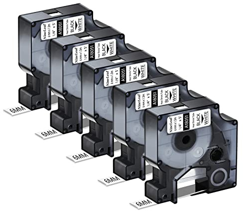 NineLeaf 5 x Kompatibel für Dymo Rhino 18051 S0718260 Schriftband Schwarz auf Weiß Heißschrumpfschlauch 1/4'' 6mm x 1.5m für Drähte Kabel in Rhino 3000 4200 5000 Tyco T107M Industriell Etikettenband
